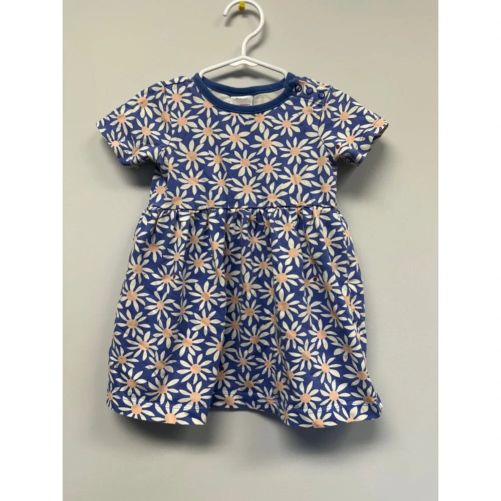 Hanna Andersson Girls 2T Blue Daisy Floral Cotton Skater Dress Ladybug Print